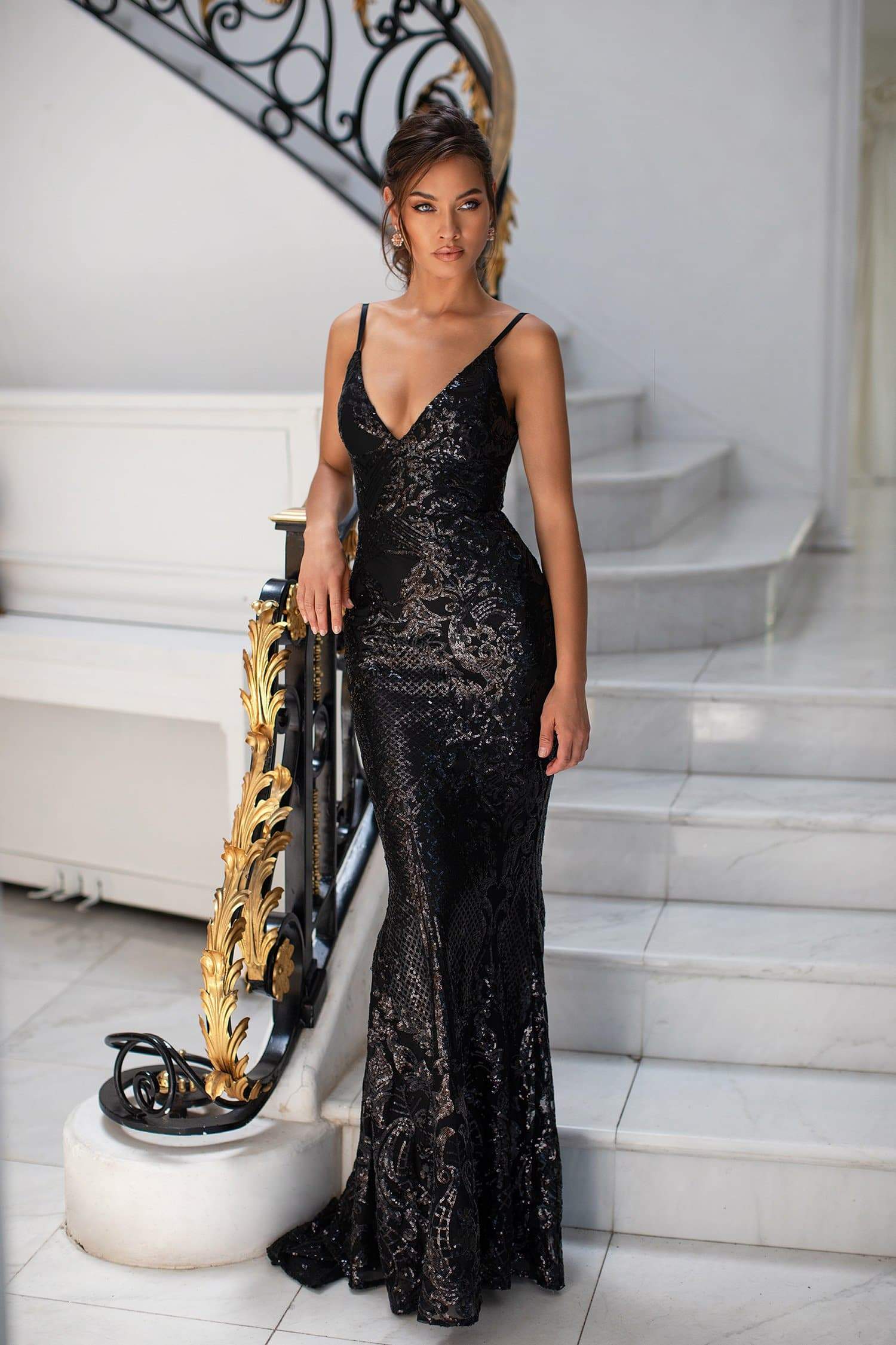 Varina Black Fitted Sequin Gown ...